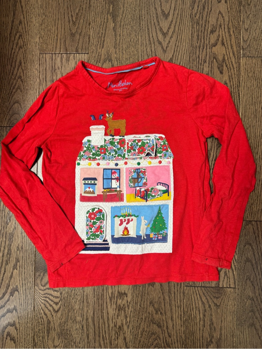 Mini Boden Red Kids Top with Blue Trim and Brown Appliqué 8/9